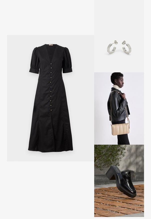 Schwarzes Midi-Kleid mit V-Ausschnitt und puffärmeligen kurzen Ärmeln, mit einer Reihe von goldenen Knöpfen auf der Vorderseite und einem Schlitz vorne.; Schwarze Leder-Slip-on-Mule von Calvin Klein mit Blockabsatz, die auf Holzfliesen im Freien nahe einer grünen Pflanze und einer grauen Wand ruht.; Beige Leder-Crossbody-Tasche mit gestepptem Muster, rechteckiger Form, dünnem Trageriemen und silberner Hardware, getragen von einer Person in einer schwarzen Jacke.; Silberne Metall-Hoops mit strukturiertem Design, ausgestattet mit einem kleinen Steckverschluss und Branding an einem Hoop. Abgerundete Form mit glänzender Oberfläche.