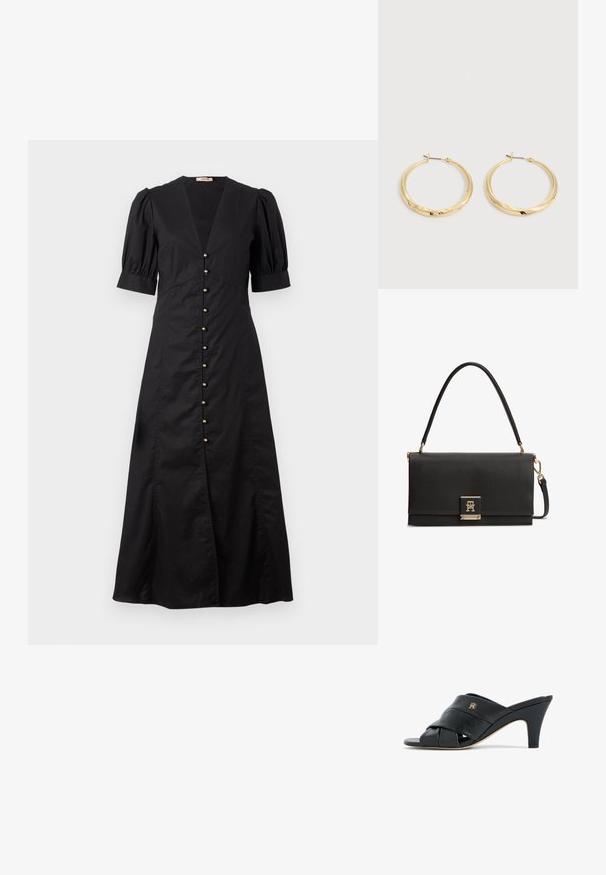 Schwarzes Midi-Kleid mit V-Ausschnitt und puffärmeligen kurzen Ärmeln, mit einer Reihe von goldenen Knöpfen auf der Vorderseite und einem Schlitz vorne.; Schwarzer, offener Leder-Pantolette mit Absatz, gekreuzten Riemen und kleinem metallischem Logo an der Seite, mittelhoher, verjüngter Absatz, beige Sohle.; Schwarze, strukturierte Lederhandtasche mit einem Tragegriff oben, goldfarbenem Verschluss mit ineinander verschlungenem TH-Logo und abnehmbarem Schulterriemen.; Paar polierte goldene Creolen mit dünnen Stegen und Klappverschlüssen, auf einem schlichten hellgrauen Hintergrund präsentiert.