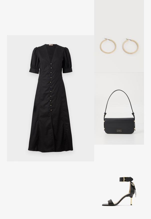 Vestido midi negro con escote en V y mangas cortas abullonadas, que presenta una fila de botones dorados en el frente y una abertura delantera.; Sándal de tacón de cuero negro con punta cuadrada, correa en el tobillo con hebilla dorada y un tacón metálico esbelto. Textura suave, diseño minimalista.; Bolso de mano de cuero negro con un diseño elegante, forma rectangular y un solo asa. Presenta herrajes en tono dorado y un acento con el logo.; Par de pendientes de aro de tamaño mediano con tono dorado y cierre de bisagra sobre un fondo claro y liso.