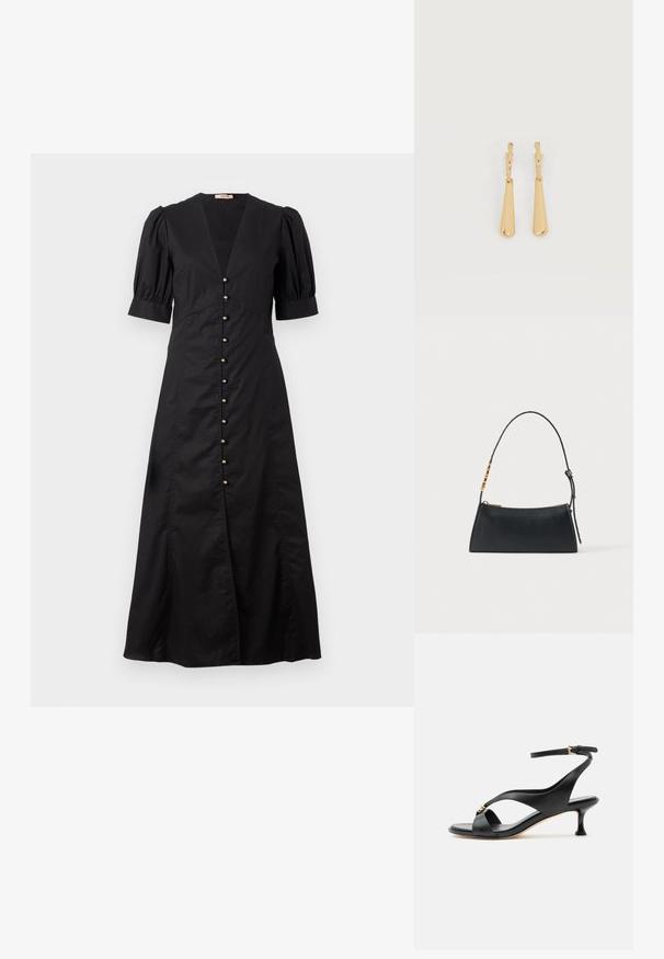 Schwarzes Midi-Kleid mit V-Ausschnitt und puffärmeligen kurzen Ärmeln, mit einer Reihe von goldenen Knöpfen auf der Vorderseite und einem Schlitz vorne.; Schwarze Ledersandale für Damen mit geschwungenem Kitten-Heel, gekreuzten Riemen und verstellbarem Knöchelriemen mit kleiner goldener Schnalle.; Schwarze Lederhandtasche mit goldenem Reißverschluss und verstellbarem Riemen mit goldenen rechteckigen Details auf weißem Hintergrund.; Ohrhänger in Gold-Ton mit glatten, länglichen Tropfenanhängern, die an kleinen Creolenverschlüssen hängen, auf weißem Hintergrund.
