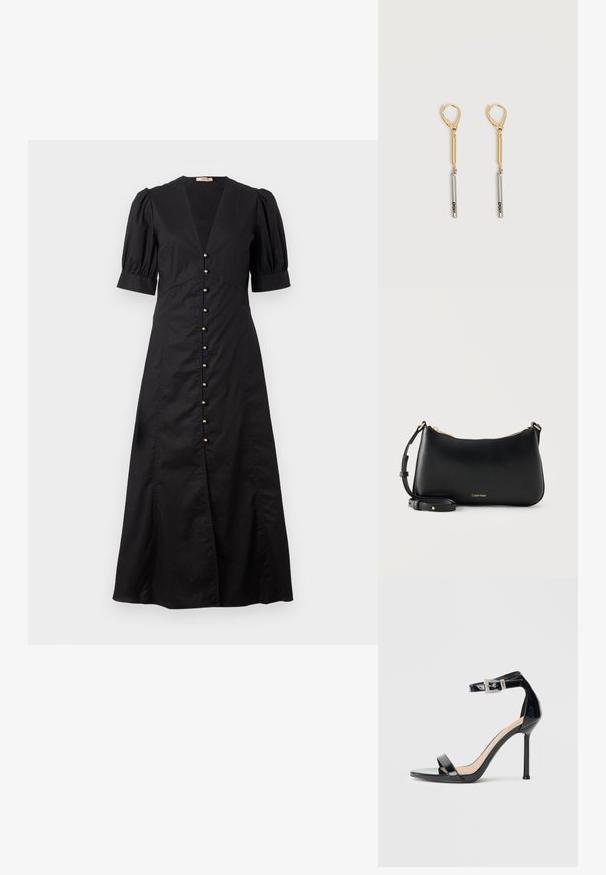 Sort midi kjole med V-hals og puffede korte ærmer, prydet med en række guldknapper ned langs fronten og en slid foran.; Sort højhælet sandal i laklæder med ankelrem. Har minimalistisk design, åben tå og spænde med rhinsten-detaljer.; Sort læder Calving Klein skuldertaske med guldfarvet lynlås og justerbar rem på ensfarvet lys baggrund.; Guld- og sølvdråbeørenringe med lås med lukkeclips, med en guldbjælke forbundet til en sølvbjælke med indgraveret "DKNY" på en hvid baggrund.
