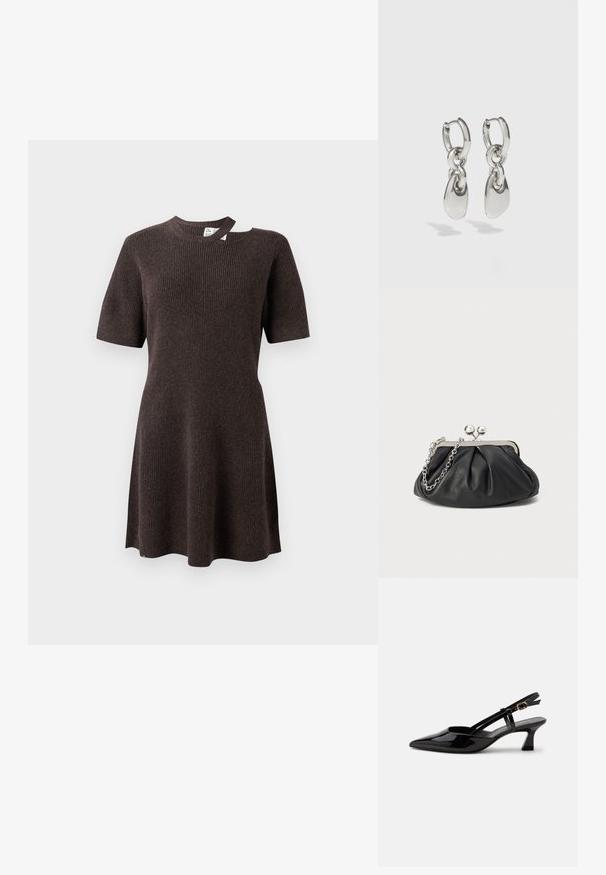 Donkerbruin geribbeld jurkje met korte mouwen, een ronde halslijn en een unieke open detail op de schouder. Zachte, gestructureerde stof.; Zwarte lakleren slingback kitten heel schoen met spitse neus en verstelbare gouden gespsluiting op een witte achtergrond.; Zwarte leren clutch met geplooide textuur, zilverkleurig metalen frame, drukknopsluiting en kettingriem. Glad, zacht oppervlak.; Zilveren hoepel oorbellen met langwerpige ovale schakels, met een gepolijste afwerking en een gestructureerde hanger. Eenvoudig ontwerp met gladde randen.