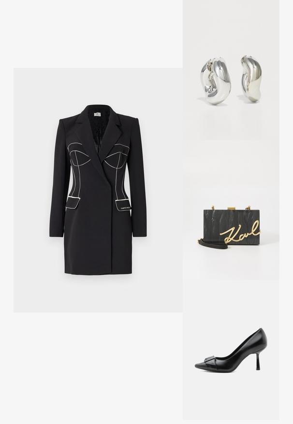 Sort blazer med skræddersyet pasform, der har hvid stikning, spidse revers og to forlommer. Glat tekstur, moderne design.; Sort læder højhælet sko med spids tå og dekorativ spænde foran, set fra siden på hvid baggrund.; KARL LAGERFELD SOIREE - Clutches - black; Sølvskulpturelle øreringe med glatte, buede former og reflekterende overflader. Har et lukket hoop-design og en markant organisk form.