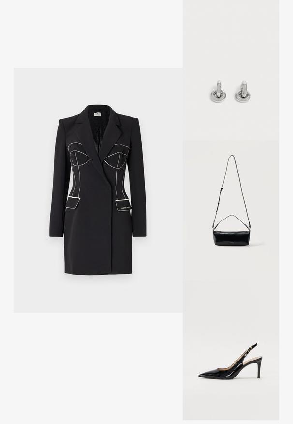 Čierny blazer s prispôsobeným strihom, zdobený bielym prešívaním, špičatými klopami a dvoma prednými vreckami. Hladká textura, moderný dizajn.; Čierne lakované kožené slingback lodičky s špicatou špičkou, štíhlým podpätkom a jemným výrezom. Obsahuje zlatú pracku na remienku.; Čierna obdĺžniková kožená crossbody taška s nastaviteľným popruhom, horným zipsom a malým zlatým logom Calvin Klein vpredu.; Pár malých, lesklých strieborných kruhových náušníc s guľatým základom, vystavených na obyčajnom svetlom pozadí.