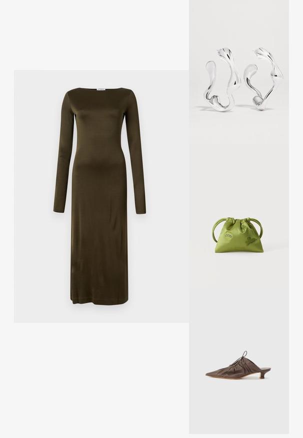 Langsleeve jurk van gladde olijfgroene stof, met een rechte silhouette en een bootnek. Minimalistisch ontwerp zonder patronen.; Bruine leren muil met een puntige neus, geraffineerde textuur, kleine hak en een trekkoordaccent bij de opening. Vlotte afwerking.; Groene handtas met trekkoord en twee handvatten, versierd met geborduurde blauwe en groene abstracte vormen, tegen een effen witte achtergrond.; Zilverkleurige abstracte golvende oorringen met een glad, reflecterend oppervlak en onregelmatige organische vormen.