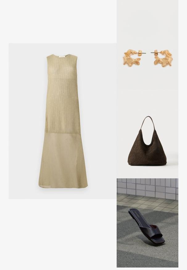 Vestido largo sin mangas en verde oliva claro con textura acanalada vertical en la parte superior y una tela suave y más clara para la sección de la falda.; Sandalia tipo slide de cuero marrón oscuro con punta cuadrada y tiras anchas, descansando sobre asfalto gris cerca de una acera adoquinada.; Bolso de hombro marrón oscuro con un patrón de ganchillo floral texturizado y una única correa delgada sobre un fondo liso.; Pendientes de tono dorado con una forma abstracta y orgánica, que presentan una superficie texturizada y un cierre de poste trasero.