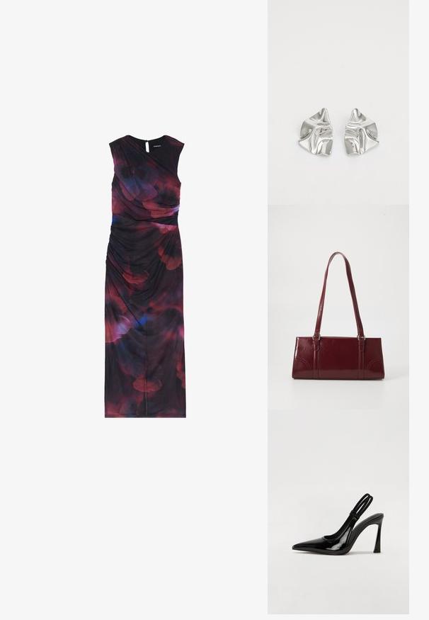 Robe sans manches, longue jusqu'au sol, en tissu foncé avec des motifs floraux abstraits rouges et bleus et des détails froncés sur le côté.; Escarpin en cuir verni noir à talon aiguille, à bout pointu, avec une sangle élastique double pour un maintien sécurisé. Surface lisse et brillante.; Sac à main bordeaux en matériau brillant, de forme rectangulaire, avec deux anses et des accents légèrement courbés à l'avant.; Boucles d'oreilles en métal argenté avec un design ondulé et sculptural, présentant une finition polie et des formes irrégulières, mettant en valeur une esthétique contemporaine.