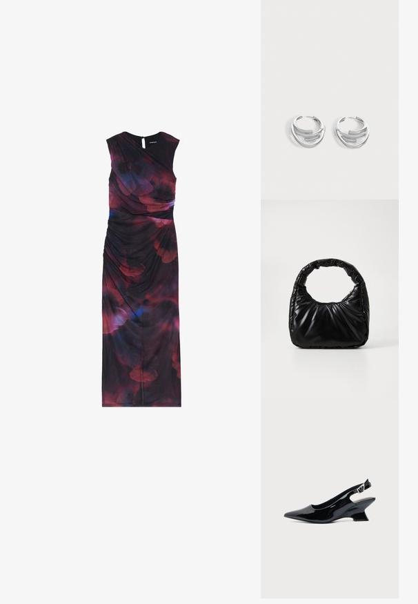 Vestido sin mangas, de largo hasta el suelo, en una tela oscura que presenta patrones florales abstractos en rojo y azul, con detalles fruncidos en el costado.; Zapato slingback de cuero charol negro con puntera puntiaguda y tacón bajo en bloque inclinado sobre fondo claro liso.; Bolso negro acolchado con un asa redondeada, que presenta una superficie lisa y brillante y una textura suave y acolchada. Sin herrajes ni acentos visibles.; Par de pendientes de aro plateados pulidos con diseño de barra curva en capas sobre un fondo claro y liso.