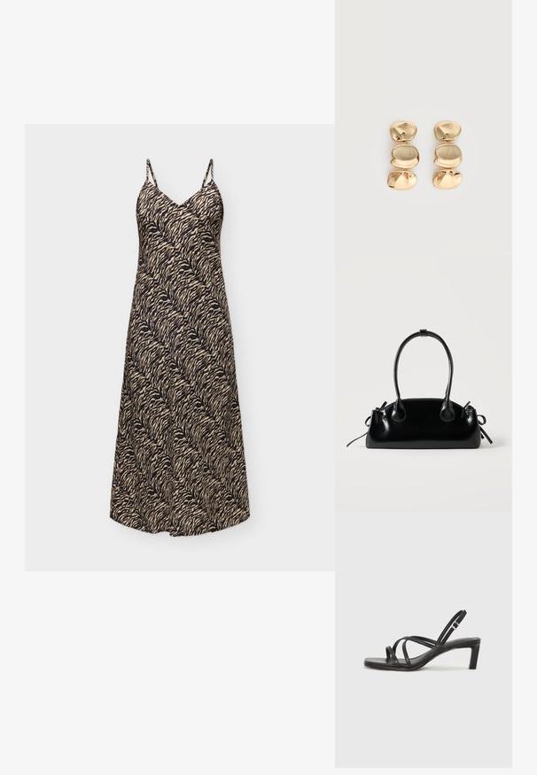 Robe midi sans manches avec fines bretelles et motif rayures de tigre beige et noir, ajustée en haut et évasée vers l'ourlet.; Sandale noire à lanières avec un bout carré et un petit talon bloc. Elle présente plusieurs fines lanières et une sangle de cheville ajustable. Fabriquée en cuir lisse.; Petit sac à main noir brillant avec deux longues anses et des détails à cordon sur les côtés sur un fond clair uni.; Boucles d’oreilles pendantes ton or avec trois segments irréguliers, lisses et arrondis empilés verticalement sur un fond clair uni.
