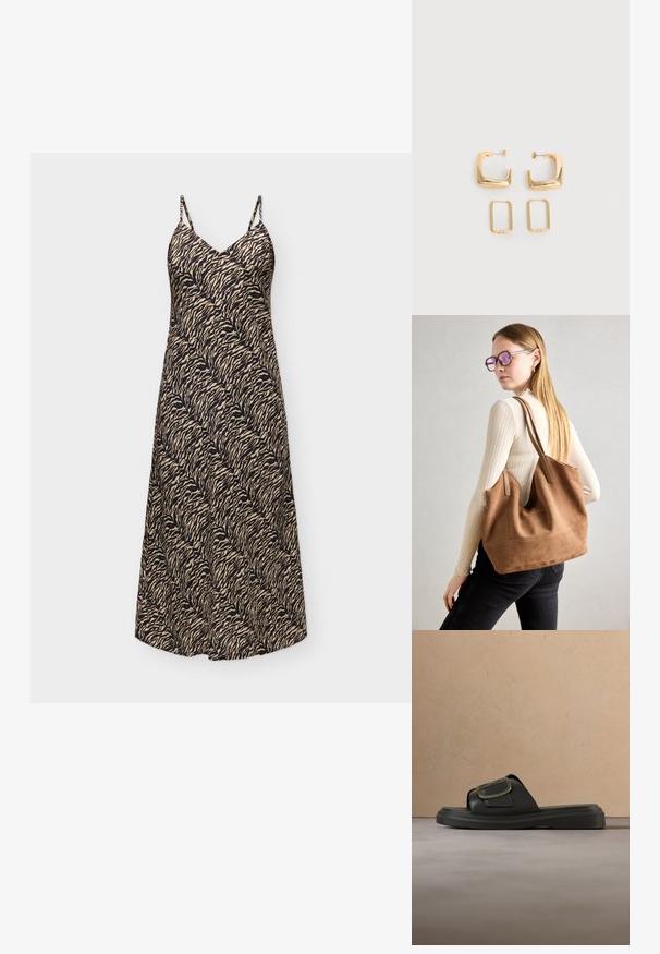 Robe midi sans manches avec fines bretelles et motif rayures de tigre beige et noir, ajustée en haut et évasée vers l'ourlet.; Sandale noire à enfiler avec une large bride et une grande boucle dorée, posée sur un sol tapissé de beige près d'un canapé marron clair.; Sac fourre-tout en daim marron avec une texture douce, grande ouverture et longues sangles. Présente un design simple avec des coutures visibles et sans matériel.; Deux paires de Boucles d'oreilles créoles géométriques dorées sur une surface blanche unie, une paire carrée et pleine, une paire rectangulaire et creuse.