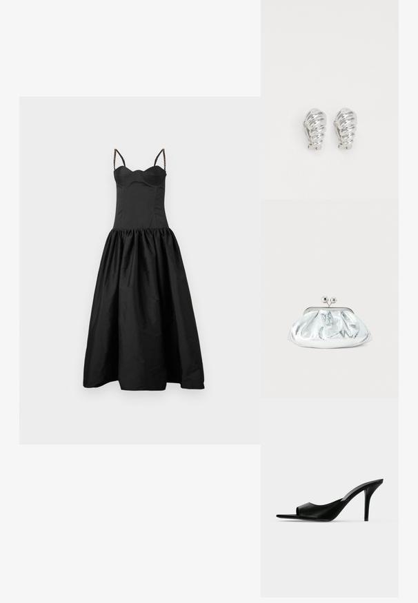 Robe noire avec un buste ajusté et une jupe évasée et froncée. Présente des fines bretelles avec des accents de perles. Texture lisse et design sobre.; Mule à talon haut en cuir noir à bout ouvert avec un talon stiletto fin, vue de profil sur un fond uni.; Petit sac pochette métallique argenté avec un design arrondi et froncé, fermeture à clip avec deux boules argentées.; Boucles d'oreilles en clip argentées avec un design en spirale, présentant une texture métallique lisse et des formes arrondies. Pas d'embellissements ou de motifs visibles.