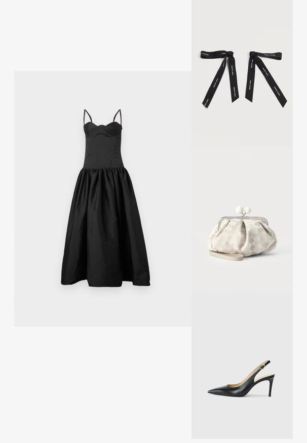 Robe noire avec un buste ajusté et une jupe évasée et froncée. Présente des fines bretelles avec des accents de perles. Texture lisse et design sobre.; Escarpins en cuir noir avec une pointe fine, une bride ajustable et un talon aiguille élégant, présentant une finition lisse.; Petit sac pochette beige avec tissu texturé à pois, cadre argenté, fermoir rond blanc et bracelet de poignet amovible sur fond uni.; Deux nœuds de ruban noirs avec le texte « MARC JACOBS » imprimé en blanc sur chaque extrémité de ruban sur un fond blanc uni.
