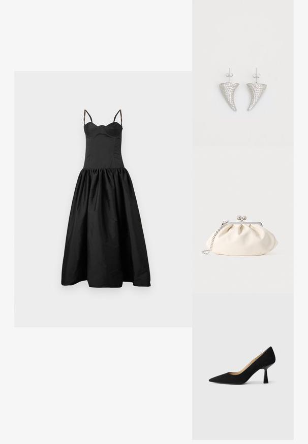 Schwarzes Kleid mit eng anliegendem Oberteil und weit ausgestellt, gerafftem Rock. Hat dünne Träger mit Perlenakzenten. Glatte Textur und unaufdringliches Design.; Schwarze Wildleder-Pumps mit hohem Absatz und spitzer Zehenform, ausgestattet mit einem glänzenden schwarzen Blockabsatz und einem glatten Innenfutter.; Cremefarbene Stoff-Clutch mit gerafftem Design, silbernem Metallrahmen, zwei dekorativen Kugeln und einem silbernen Kettenriemen.; Silberne, hornförmige Ohrringe, besetzt mit kleinen klaren Steinen, mit einem Steckverschluss zur Befestigung. Glatte Textur und metallisches Finish.