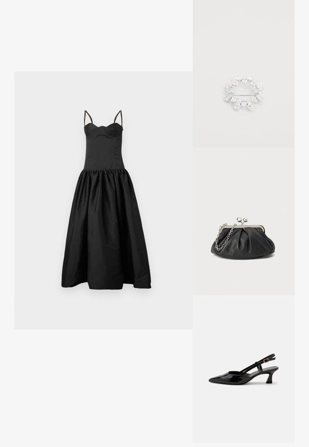 Zwart jurk met een getailleerde lijfje en een uitlopende, geraffineerde rok. Heeft dunne bandjes met kraalaccenten. Soepele textuur en een ingetogen ontwerp.; Zwarte lakleren slingback kitten heel schoen met spitse neus en verstelbare gouden gespsluiting op een witte achtergrond.; Zwarte leren clutch met geplooide textuur, zilverkleurig metalen frame, drukknopsluiting en kettingriem. Glad, zacht oppervlak.; Ronde broche met meerdere peervormige heldere kristallen in een zilverkleurige metalen basis, met een speldsluiting aan de achterkant.