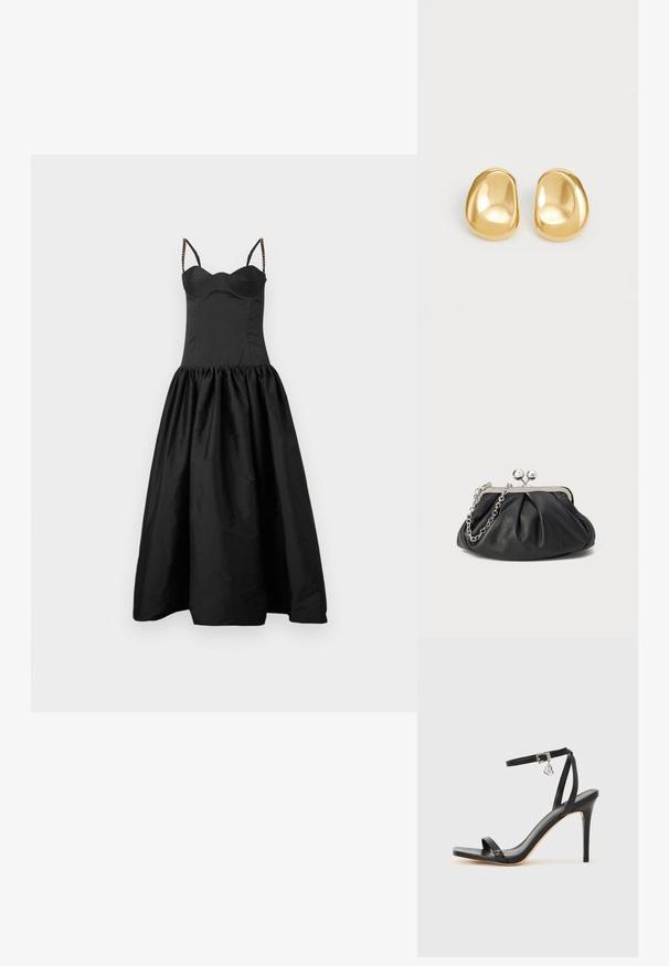 Robe noire avec un buste ajusté et une jupe évasée et froncée. Présente des fines bretelles avec des accents de perles. Texture lisse et design sobre.; Sandale à talon haut noire avec une bride étroite à la cheville, bout carré, cuir lisse et accent de boucle métallique.; Porte-monnaie en cuir noir avec texture froncée, cadre en métal argenté, fermeture à verrouillage kiss-lock et bandoulière en chaîne. Surface lisse et douce.; Boucles d'oreilles en forme de clou de couleur or, avec une forme lisse et arrondie et une surface réfléchissante, mettant en avant un design minimaliste sans motifs visibles.