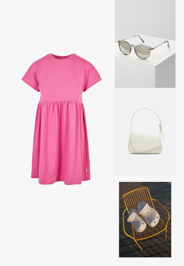 Robe en coton rose à manches courtes, col rond et taille froncée. La jupe est fluide, avec un ourlet légèrement arrondi.; Des sabots Crocs blancs présentent un design perforé, des semelles plates et des sangles de talon réglables, reposant sur une chaise en fil jaune contre un sol en bois.; Lunettes de soleil rondes avec des montures grises transparentes et des verres teintés en gris. Éléments en métal sur les branches et bras courbés pour la stabilité.; Sac à main en cuir synthétique blanc avec une forme triangulaire structurée, une bandoulière unique réglable et un rabat à courbes accentuées.