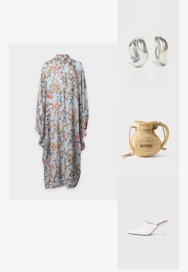 Vestido de manga larga azul claro con botones, con patrón colorido de flores y enredaderas, corte suelto y cuello puntiagudo sobre fondo liso.; Mules blancos con punta afilada, textura plisada en la parte superior y un tacón de aguja delgado. Superficie lisa y diseño minimalista.; Bolso redondo de paja tejido con asa de cuerda y "ALEMAIS" bordado en un lateral con hilo marrón.; Pendientes escultóricos de plata con formas suaves y curvas y superficies reflectantes. Presentan un diseño de aro cerrado y una forma orgánica distintiva.