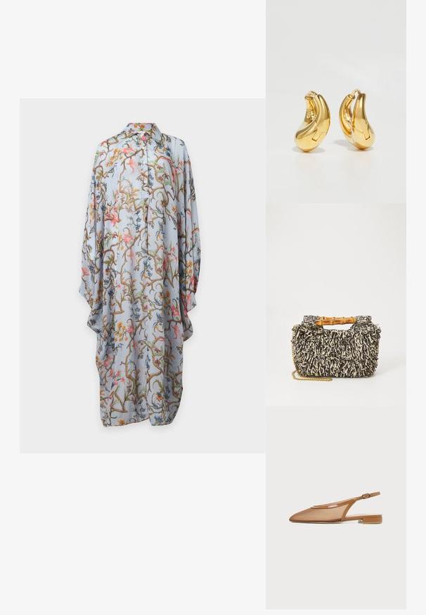 Robe bleu clair à manches longues boutonnée avec motif floral et de vigne coloré, coupe ample et col pointu sur fond uni.; Chaussure plate marron à bride arrière avec bout pointu, dessus en mesh, finition vernie et petit talon bloc, vue de profil.; Sac tissé avec un motif texturé noir et crème, une poignée en bambou et une bandoulière en chaîne dorée amovible. Forme rectangulaire compacte.; Boucles d'oreilles en or en forme de d'anneaux lisses et courbés avec une finition polie. Équipées d'un mécanisme de fermeture et de légères indentations pour le détail.