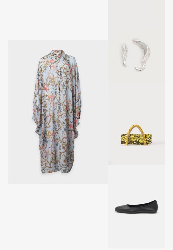 Robe bleu clair à manches longues boutonnée avec motif floral et de vigne coloré, coupe ample et col pointu sur fond uni.; Ballerines en cuir noir avec un bout rond, texture lisse, détails de couture minimalistes et design de semelle flexible.; Sac rectangulaire avec motif floral jaune et noir et anse tressée jaune et rose sur fond blanc.; Deux boucles d'oreilles argentées courbées, l'une plus grande que l'autre, toutes deux ornées de petits cristaux scintillants le long d'un bord.