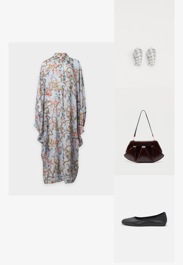 Robe bleu clair à manches longues boutonnée avec motif floral et de vigne coloré, coupe ample et col pointu sur fond uni.; Ballerines en cuir noir avec un bout rond, texture lisse, détails de couture minimalistes et design de semelle flexible.; Sac à main en cuir marron foncé avec plis froncés, ferrures dorées et une seule bandoulière, sur un fond clair uni.; Boucles d'oreilles en clip argentées avec un design en spirale, présentant une texture métallique lisse et des formes arrondies. Pas d'embellissements ou de motifs visibles.