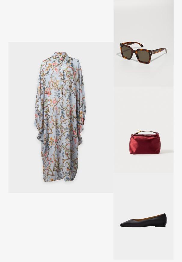 Robe bleu clair à manches longues boutonnée avec motif floral et de vigne coloré, coupe ample et col pointu sur fond uni.; Chaussure plate en cuir noir à bout pointu avec talon bas et finition lisse, vue de côté sur un fond gris clair.; Lunettes de soleil en écaille de tortue avec des verres carrés, teinte brun foncé et accents frontaux distinctifs ; texture lisse et design de monture robuste.; Trousse de maquillage en satin bourgogne de forme rectangulaire, avec fermeture éclair et une poignée courte. Présente un design minimaliste et une texture lisse.