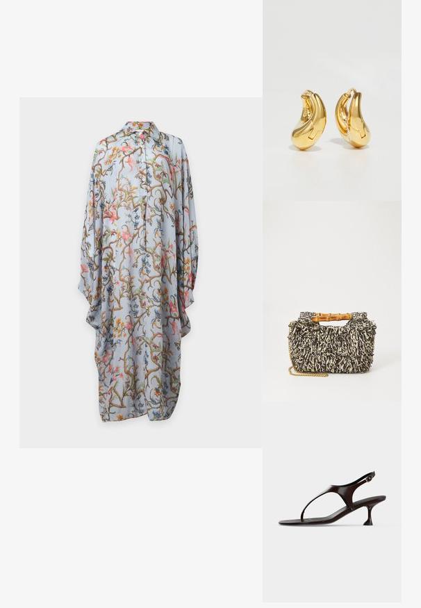 Robe bleu clair à manches longues boutonnée avec motif floral et de vigne coloré, coupe ample et col pointu sur fond uni.; Sandale slingback en cuir verni marron foncé avec petit talon et bride entre les orteils sur fond blanc.; Sac tissé avec un motif texturé noir et crème, une poignée en bambou et une bandoulière en chaîne dorée amovible. Forme rectangulaire compacte.; Boucles d'oreilles en or en forme de d'anneaux lisses et courbés avec une finition polie. Équipées d'un mécanisme de fermeture et de légères indentations pour le détail.