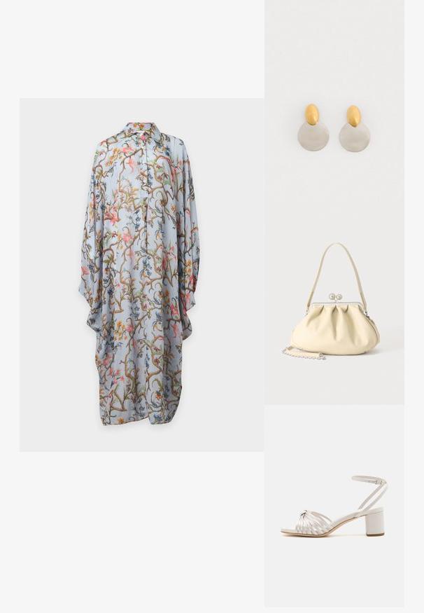 Vestido de manga larga azul claro con botones, con patrón colorido de flores y enredaderas, corte suelto y cuello puntiagudo sobre fondo liso.; Sandaña de tacón bajo en color crema con diseño de tira retorcida, textura suave, correa ajustable en el tobillo y punta abierta.; Bolso de mano de piel suave color crema con diseño fruncido, cierre de marco plateado, asa corta y una correa de cadena desmontable.; Pendientes de metal dorado y plateado con base de disco redondo y pieza superior ovalada, textura suave y acabado pulido.