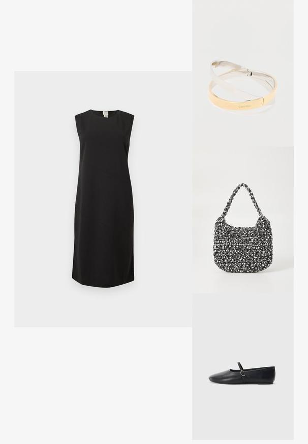 Robe noire sans manches, longueur au genou, avec col rond et détails subtils de coutures diagonales, sur un fond clair uni.; Ballerines noires en cuir avec un bout pointu, une semelle plate et une petite sangle avec un détail de boucle en argent.; Sac en osier noir et blanc de forme arrondie, avec une surface texturée et une poignée tressée. Convient à un usage décontracté.; Bracelets en métal poli entrelacés en tons argent et or, l'un gravé du logo "Calvin Klein", sur un fond blanc.