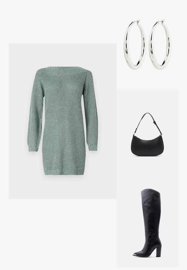 Vestido de punto en verde claro con mangas largas, escote amplio y tejido texturizado. Presenta un corte recto y bajo acanalado.; Bota de cuero negra hasta la rodilla con punta puntiaguda, punta metálica dorada y tacón alto de bloque sobre fondo blanco.; Pieces PCALUANA SHOULDER BAG - Bolso de mano - black; Pendientes de aro de plata con una superficie lisa y reflectante. Forma redonda y grande con un cierre seguro en la parte superior. El acabado pulido resalta el brillo.