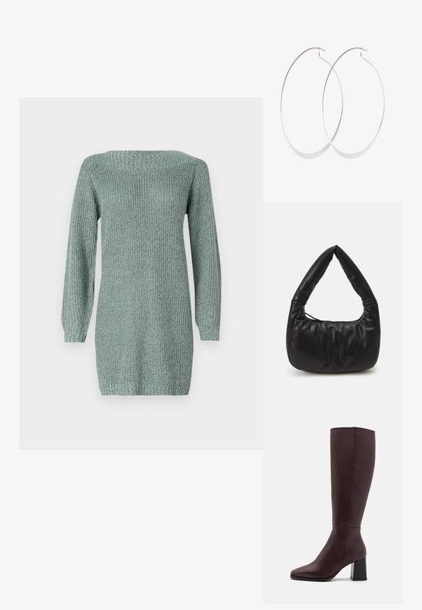 Heled roheline kudum dresses, millel on pikad varrukad, lai kaelus ja tekstureeritud kangas. Omab sirget lõiget ja soonikserva.; Zign LEATHER - Saapad - bordeaux; Must kunstnahk õlbag, millel on lohakas disain, esindades eristuvat sõlmitud käepidet ja tõmbluku sulgemist. Ükslane tekstuur kogu ulatuses.; Hõbedased rõngassõrmused õhukese, sujuva disainiga; piklik ovaalne kuju; poleeritud viimistlus; omavad kindlat konksu sulgemist.