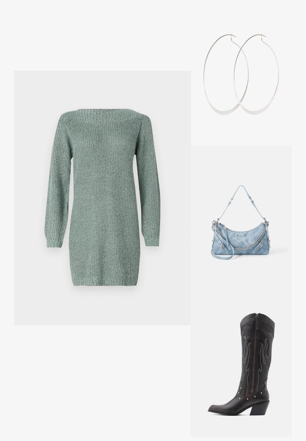 Robe en tricot de couleur vert clair avec des manches longues, un décolleté large et un tissu texturé. Présente une coupe droite et un ourlet côtelé.; Bottes de cowboy en cuir marron avec surpiqûres en forme de flammes, fermeture éclair latérale, clous argentés, bout pointu et talon superposé.; ALDO FARALAELIAX - Sac à main - blue; Boucles d'oreilles en argent avec un design fin et lisse ; forme ovale allongée ; finition polie ; présente un fermoir à crochet sécurisé.