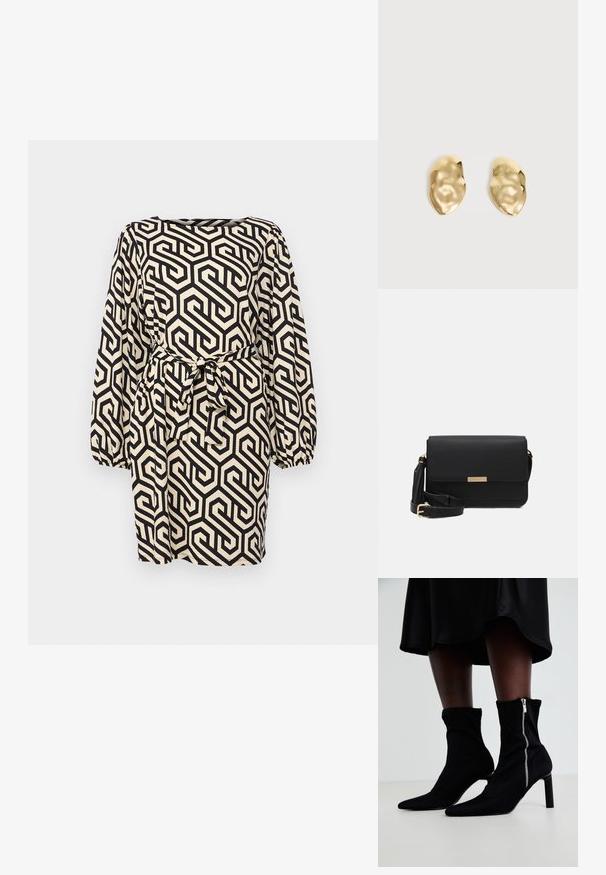 Robe à motif géométrique noir et crème avec de longues manches ballon, un col carré et une ceinture nouée à la taille. Tissu texturé.; Bottines noires avec un corps en tissu extensible, un bout pointu et une fermeture éclair sur le côté, montées sur un talon slim et haut.; Sac en cuir noir avec un rabat, accents en matériel doré, sangle réglable et surface texturée. Forme rectangulaire compacte.; Paire de boucles d'oreilles en métal doré brillant, de forme irrégulière, avec une surface froissée et lisse sur un fond clair uni.