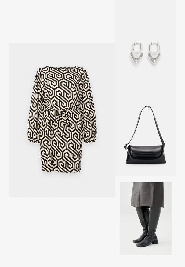 Robe à motif géométrique noir et crème avec de longues manches ballon, un col carré et une ceinture nouée à la taille. Tissu texturé.; Bottes en cuir noir montant jusqu'au genou avec un bout carré, un talon bloc incliné et une fermeture éclair latérale ; texture lisse et design ajusté.; Sac à main en cuir noir avec une forme structurée, une texture lisse et une seule bandoulière. Présente un design de rabat arrondi et subtil.; Cadenas en forme de cœur en argent avec les inscriptions gravées "OUI" et "NON", finition polie, design symétrique et un robuste fermoir en métal.
