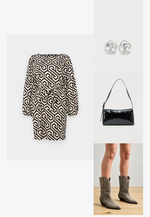 Schwarz-weißes Kleid mit geometrischem Muster, langen Ballonärmel, quadratischem Ausschnitt und einem gebundenen Taillengürtel. Strukturiertes Material.; Pavement NIKKI - Cowboy-/Bikerboot - khaki; Schwarze rechteckige Schultertasche mit einem verstellbaren Riemen und einem oberen Reißverschluss vor einfachem Hintergrund.; Silberne, abstrakt geformte Ohrstecker mit polierter Oberfläche, die durch sanfte Kurven und subtile Konturen bestechen. Keine sichtbaren Muster oder Akzente.
