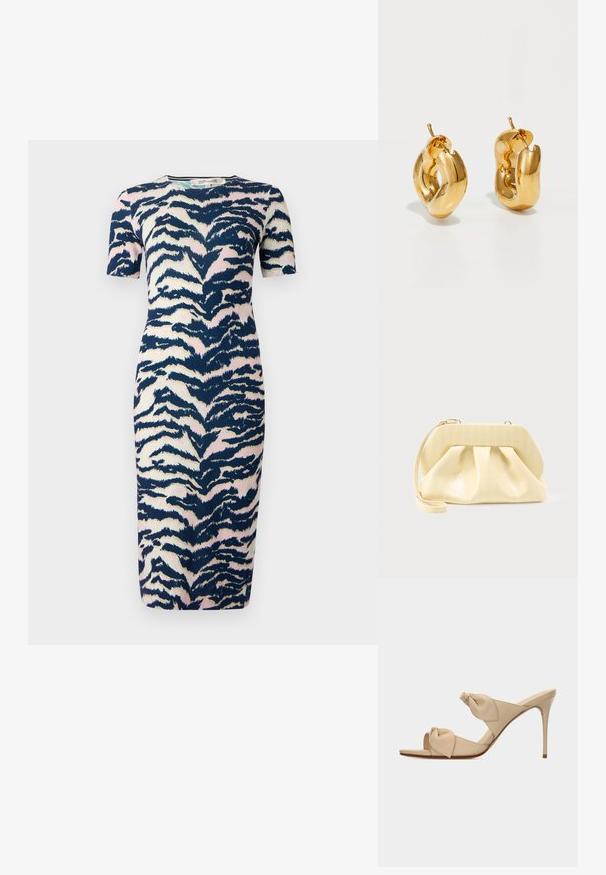 Knie-langes Kleid in figurnaher Passform, mit einem Tiermuster in Marineblau, Pink und Creme; kurze Ärmel und runder Ausschnitt.; Beige offene High-Heel-Pantoffel mit zwei verdrehten Knotenriemen und einem schlanken Stiletto-Absatz vor weißem Hintergrund.; Beige-farbene Leder-Clutch mit einem festen oberen Rahmen und einem Handgelenkriemen, präsentiert vor einem schlichten hellen Hintergrund.; Fette goldene Creolen mit einem leicht verdrehten, röhrenförmigen Design und Steckverschlüssen auf einem weißen Hintergrund.