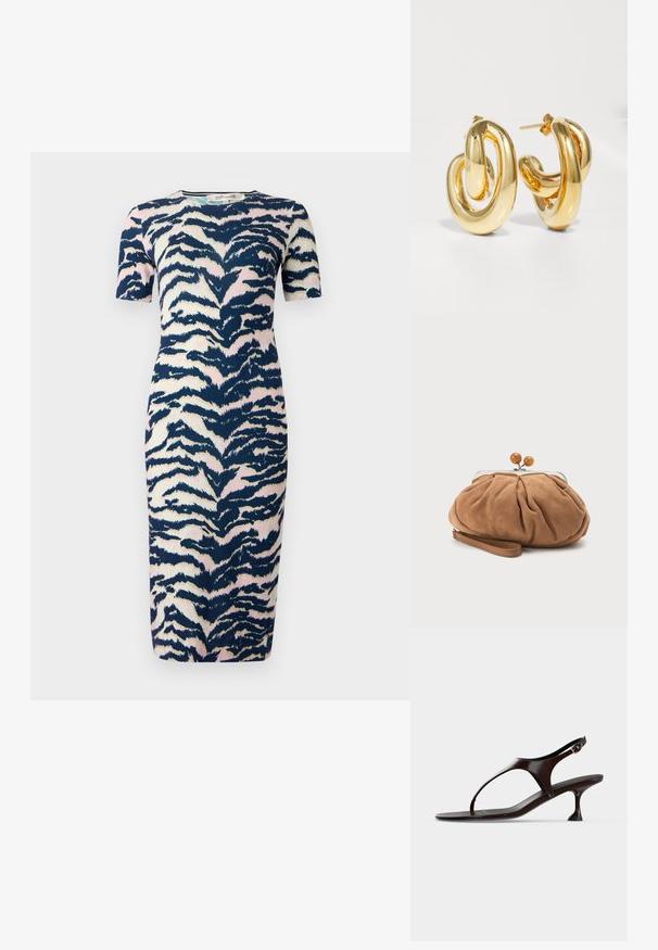 Knedelange kjole i tætsiddende design med et navy, pink og cremet dyreprintmønster; korte ærmer og rund halsudskæring.; Mørkebrun laklædersandal med rem bagpå, lille hæl og tårem på hvid baggrund.; Lille blød brun ruskind clutch taske med rynket stof, metal-lukning, træperledekorationer og håndledsrem på hvid baggrund.; Charlotte Chesnais BO INITIAL BLOW - Øreringe - gold-coloured