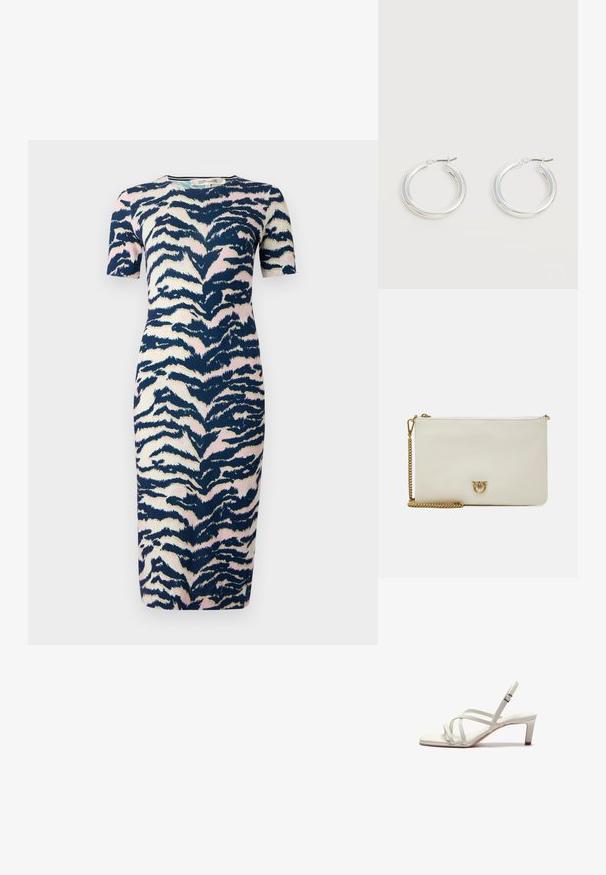 Knee-length kleit kitsas kujunduses, millel on tumesinine, roosa ja kreemjas loomamuster; lühikesed varrukad ja ümmargune kaelus.; Zign Klassikalised kontsakingad - off white; Hele beežist nahast kott, millel on lukuga sulgus, kuldse tooni ahel ast ja dekoratiivne embleem ees. Sile tekstuur.; Keskmise suurusega läikivad hõbedased rõngakujulised kõrvarõngad õhukeste metallist kinnitustega heledal neutraalsel taustal.