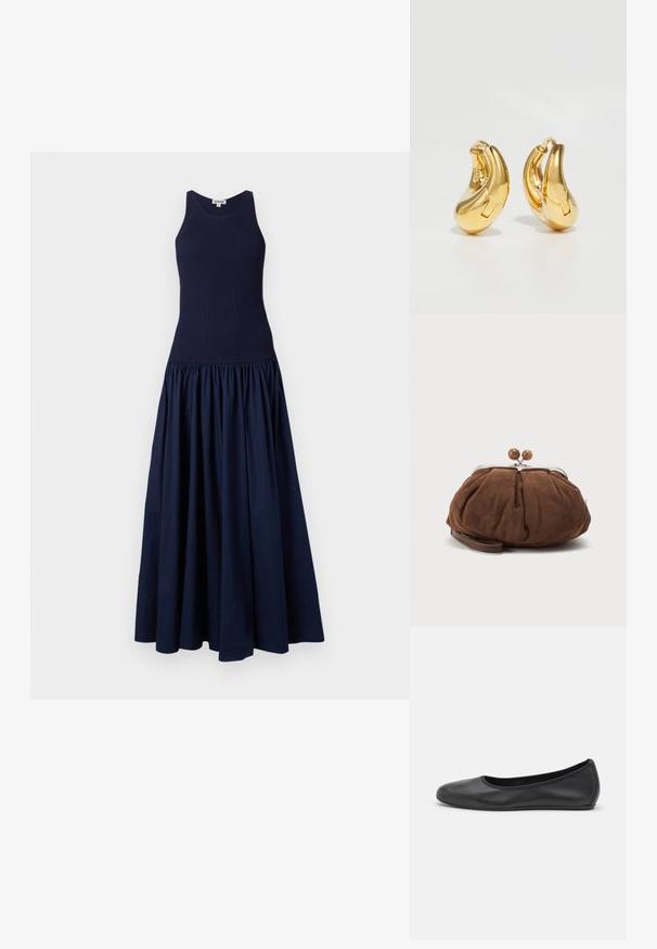 Robe bleu marine avec un corsage ajusté à côtes et une jupe bouffante et volumineuse. Fabriquée dans un tissu lisse avec une finition mate.; Ballerines en cuir noir avec un bout rond, texture lisse, détails de couture minimalistes et design de semelle flexible.; Petit sac poignet en daim marron doux avec cadre en métal argenté et boules rondes marron de fermeture sur fond clair uni.; Boucles d'oreilles en or en forme de d'anneaux lisses et courbés avec une finition polie. Équipées d'un mécanisme de fermeture et de légères indentations pour le détail.
