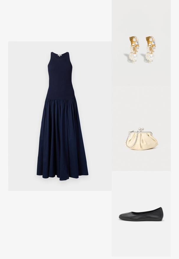 Robe bleu marine avec un corsage ajusté à côtes et une jupe bouffante et volumineuse. Fabriquée dans un tissu lisse avec une finition mate.; Ballerines en cuir noir avec un bout rond, texture lisse, détails de couture minimalistes et design de semelle flexible.; Pochette en cuir beige plissé avec un cadre en métal argenté, dotée de deux fermoirs ronds décoratifs et d'une chaîne en argent.; Boucles d’oreilles créoles en or décorées de cristaux clairs et de petites et grandes perles blanches en cascade, présentées sur un fond blanc uni.