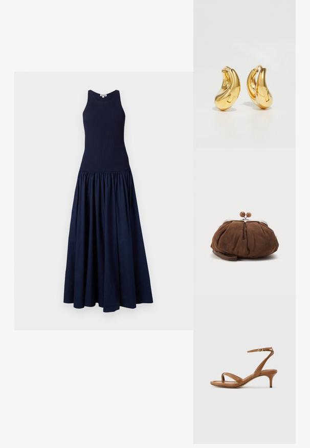 Robe bleu marine avec un corsage ajusté à côtes et une jupe bouffante et volumineuse. Fabriquée dans un tissu lisse avec une finition mate.; Sandale en cuir marron avec lanières, talon bas en forme de petit escarpin et bride à la cheville avec une petite boucle, vue de côté sur un fond uni.; Petit sac poignet en daim marron doux avec cadre en métal argenté et boules rondes marron de fermeture sur fond clair uni.; Boucles d'oreilles en or en forme de d'anneaux lisses et courbés avec une finition polie. Équipées d'un mécanisme de fermeture et de légères indentations pour le détail.