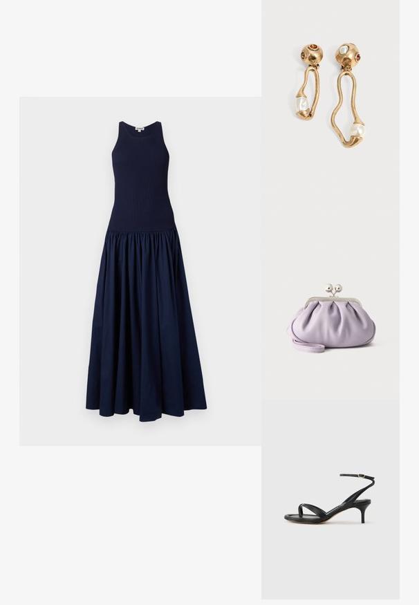 Robe bleu marine avec un corsage ajusté à côtes et une jupe bouffante et volumineuse. Fabriquée dans un tissu lisse avec une finition mate.; Sandale pour femme en cuir noir avec fines lanières, une boucle d'orteil, une boucle à la cheville et un talon aiguille de hauteur moyenne sur un fond neutre.; Pochette lavande douce avec tissu froncé, fermoir kiss-lock argenté et bracelet assorti sur un fond clair uni.; Boucles d'oreilles en ton doré avec des formes ouvertes irrégulières, chacune ornée d'une perle en bas et de détails en pierres précieuses sur les clous ronds.