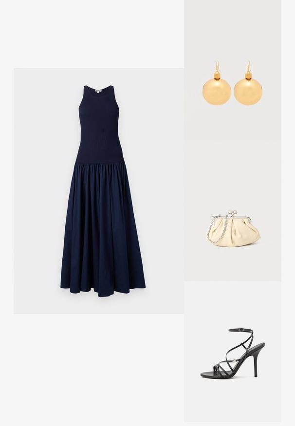 Robe bleu marine avec un corsage ajusté à côtes et une jupe bouffante et volumineuse. Fabriquée dans un tissu lisse avec une finition mate.; Sandale noire à talons hauts avec des brides fines, une boucle à la cheville, une surface en cuir lisse et un talon aiguille élancé.; Pochette en cuir beige plissé avec un cadre en métal argenté, dotée de deux fermoirs ronds décoratifs et d'une chaîne en argent.; Paire de boucles d'oreilles boule de Noël dorées brillantes avec fermoirs à crochet sur fond blanc uni.