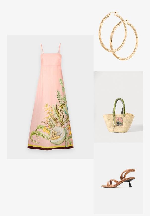 Rosa Leinenkleid mit dünnen Trägern, das mit einem botanischen Druck in lebhaften Grüntönen und Gelbtönen sowie einem kontrastierenden braunen Saumdetail versehen ist.; Hellbraune Riemchensandale mit geflochtenen Lederriemen und kurzem schwarzem Kitten-Absatz, seitlich auf weißem Hintergrund gezeigt.; Geflochtene beige Strohtasche mit geflochtenen grünen und schwarzen Griffen und einem bunten rechteckigen Aufnäher auf der Vorderseite.; DIAMANT L'ÉTERNEL Ohrringe - gold coloured
