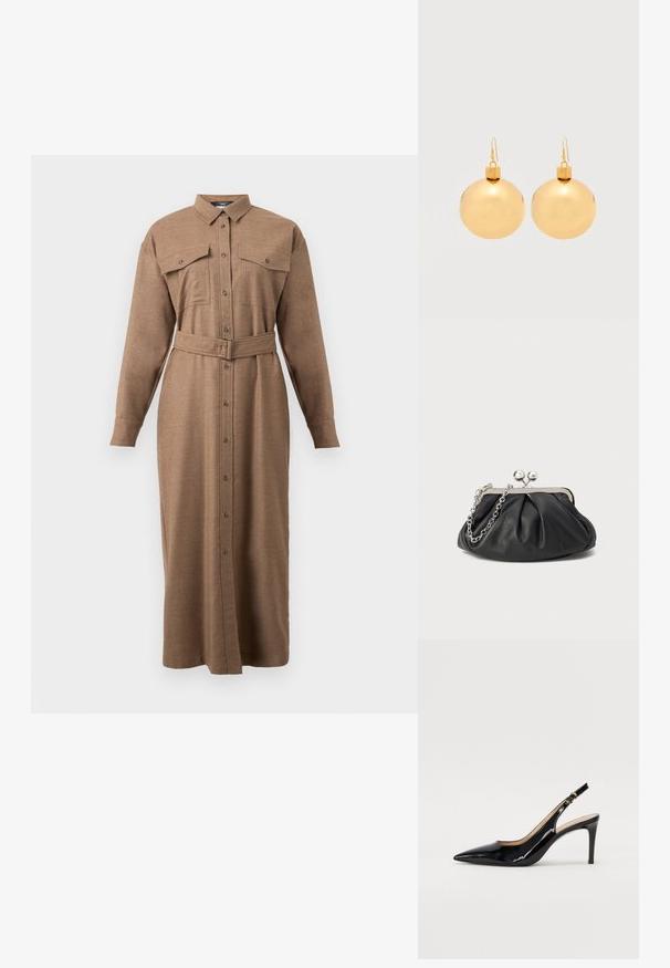 Robe chemise marron à manches longues avec col, fermeture à boutons, deux poches poitrine et une ceinture assortie. Fabriquée en tissu texturé et tissé.; Pompe slingback en cuir verni noir avec un bout pointu, un talon fin et un design de découpes subtil. Elle dispose d'une boucle dorée sur la sangle.; Porte-monnaie en cuir noir avec texture froncée, cadre en métal argenté, fermeture à verrouillage kiss-lock et bandoulière en chaîne. Surface lisse et douce.; Paire de boucles d'oreilles boule de Noël dorées brillantes avec fermoirs à crochet sur fond blanc uni.