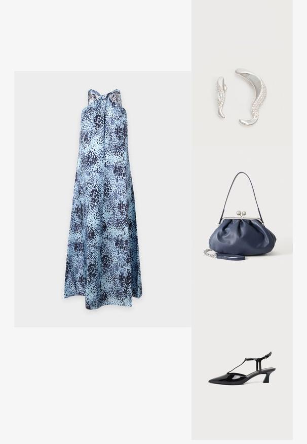 Robe sans manches bleu clair avec motif tacheté irrégulier bleu foncé et col montant noué en un nœud lâche.; Chaussure slingback en cuir verni noir à bout pointu avec bride en T et petit talon bloc incliné sur fond blanc.; Sac à main en cuir bleu marine doux avec fermeture à boucle argentée, une seule bandoulière, et une chaîne de poignet amovible sur fond blanc.; Deux boucles d'oreilles argentées courbées, l'une plus grande que l'autre, toutes deux ornées de petits cristaux scintillants le long d'un bord.