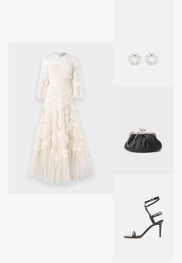 Robe blanche avec des couches froncées, tissu texturé à pois, longues manches transparentes et un col haut.; Sandale noire à talon haut avec fine bride à la cheville, bride médiane décorée de maillons de chaîne argentés, et design à bout ouvert.; Porte-monnaie en cuir noir avec texture froncée, cadre en métal argenté, fermeture à verrouillage kiss-lock et bandoulière en chaîne. Surface lisse et douce.; Boucles d'oreilles circulaires en métal, ornées de plusieurs pierres transparentes et facettées disposées dans un motif étincelant. Incolores et réfléchissantes.