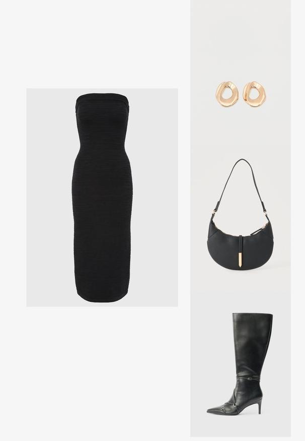 Zwarte strapless midi-jurk met een getailleerd silhouet, textuurstof met horizontale ribbels en een rechte zoom.; Zwarte leren kniehoge laarzen met een slanke hak, puntige neus en banddetail bij de enkel. Gladde textuur en aansluitend ontwerp.; Zwarte handtas in halve maanvorm met een enkele band, gouden rits en een gouden rechthoekige decoratieve tab aan de voorkant.; Set van onregelmatig gevormde, gepolijste hoepel oorbellen van goudkleurig metaal met een open midden op een effen witte achtergrond.
