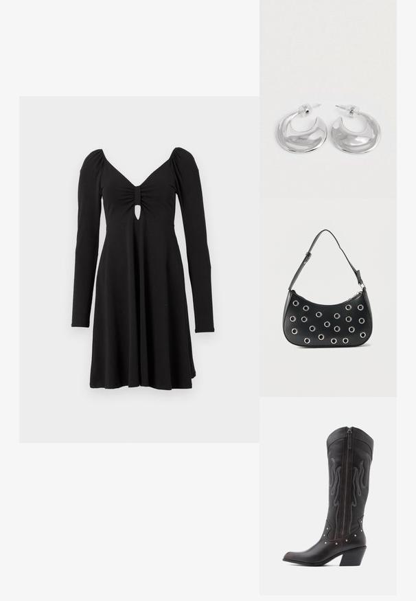 Robe noire à manches longues avec un décolleté en V profond, présentant un tissu froncé et un détail en forme de trou de serrure au niveau de la poitrine, avec une jupe évasée.; Bottes de cowboy en cuir marron avec surpiqûres en forme de flammes, fermeture éclair latérale, clous argentés, bout pointu et talon superposé.; Sac d'épaule en cuir noir avec bandoulière réglable, orné d'œillets en métal argenté et fermeture éclair supérieure.; Une paire de boucles d'oreilles en croissant argenté poli avec des supports en plastique transparent sur une surface blanche.