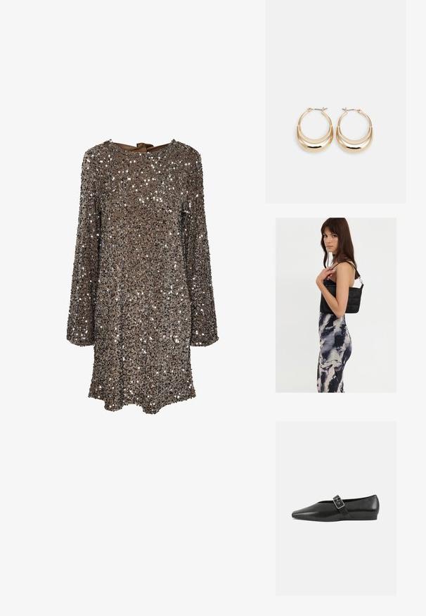 Robe à manches longues en tissu marron recouverte de sequins argentés, avec un col rond et un nœud dans le dos. Surface réfléchissante et texturée.; Chaussure plate en cuir noir avec un orteil pointu, présentant une sangle à boucle métallique sur le cou-de-pied et une semelle basse et flexible.; Sac à épaule noir en matelassé avec une seule sangle et des accessoires en argent, associé à une robe ajustée à motif tie-dye dans des teintes de noir et de crème.; Boucles d'oreilles créoles dorées en forme de croissant, avec une surface polie et un fermoir à charnière. La texture lisse et la finition réfléchissante améliorent la visibilité.