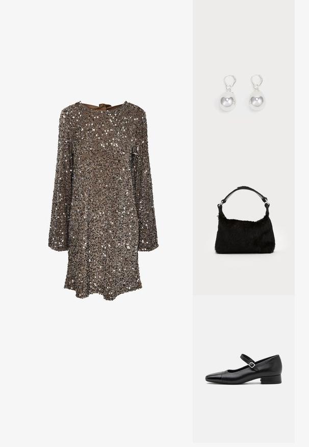 Robe à manches longues en tissu marron recouverte de sequins argentés, avec un col rond et un nœud dans le dos. Surface réfléchissante et texturée.; Chaussures Mary Jane en cuir noir avec un embout en vernis, une sangle cheville réglable et un petit talon carré. Texture lisse et design élégant.; Sac à main en fausse fourrure noire avec une texture douce, une forme arrondie et une bandoulière en cuir noir robuste. Accent en métal argenté visible.; Boucles d'oreilles en argent en forme de goutte avec des surfaces lisses, rondes et réfléchissantes, suspendues à des fermoirs à ressort. L'arrière-plan est blanc uni.